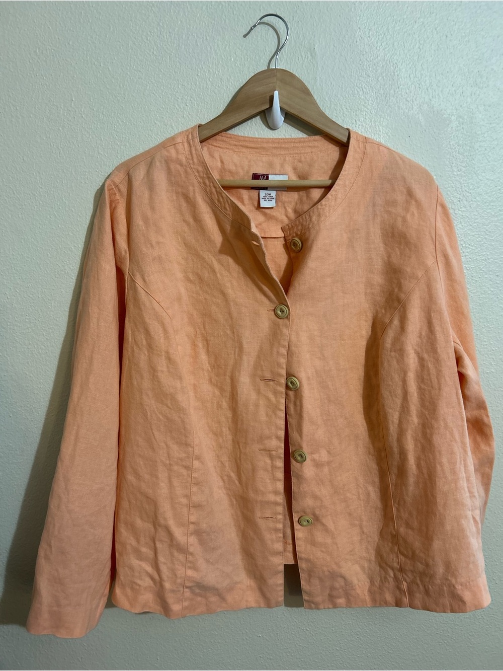 JM Collection Soft Peach Linen Button-Front Jacket Size 20W Lagenlook Coastal